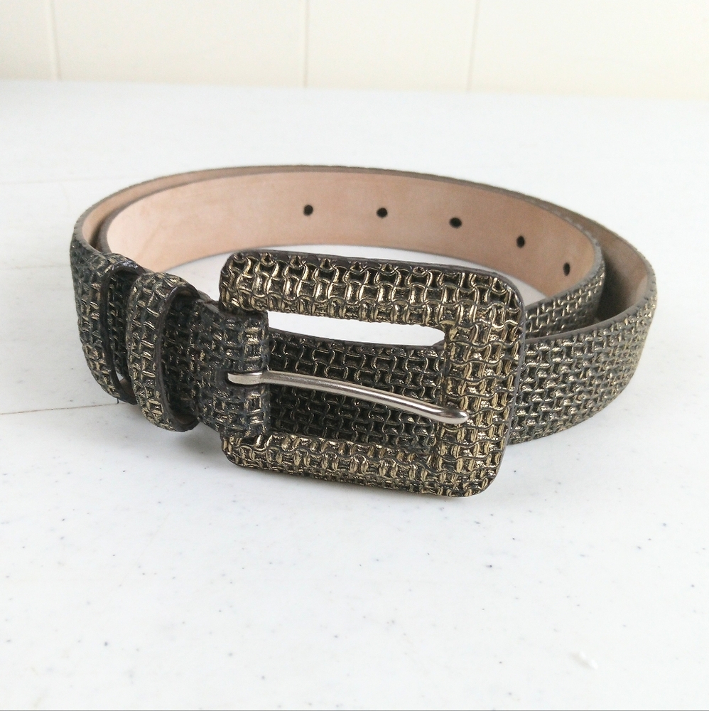 WCW New York Italian Calfskin Leather Belt Size S Gold Black Woven